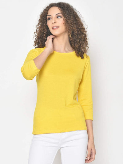 Hapuka Hapuka Women's Slim Fit  Three-Quarter Sleeves  Yellow Cotton Solid T Shirt Hapuka T Shirt Women