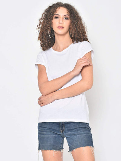 Hapuka Hapuka Women's Slim Fit  Half Sleeves  White Cotton Solid T Shirt Hapuka T Shirt Women