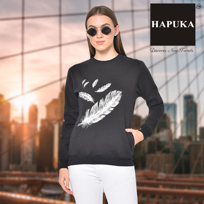Hapuka Women Printed Black Fleece Sweat Shirt