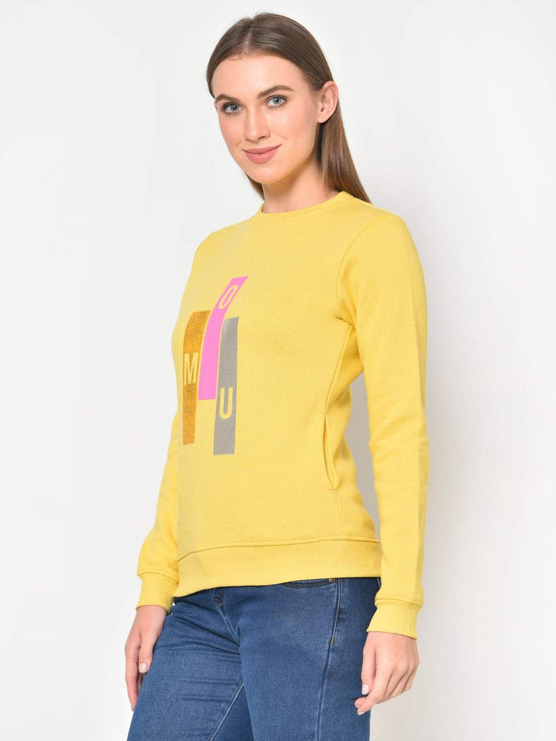 Hapuka Hapuka Women Printed Yellow Fleece  Sweat Shirt Hapuka Sweaters & Sweatshirts