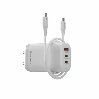 Portronics Adapto 65X Adapter/Charger 65W for Laptop/Mobile with Triple Output (USB +PD) Compatible with Mac Book Pro, 100W Type C Cable Included