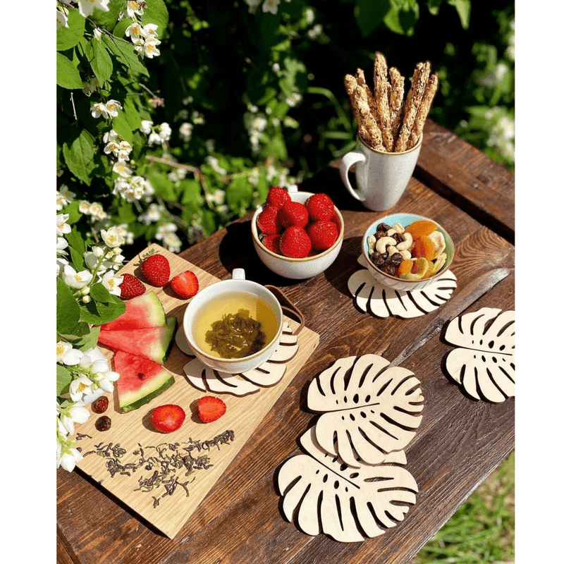 AmericanElm Wood Coasters Set of 5 Laser Cut Coasters Monstera Leaf for table décor