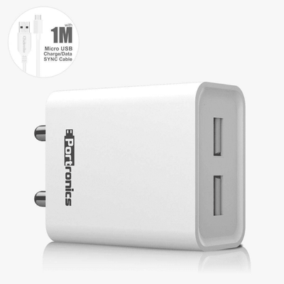 Portronics Adapto 2.4A Quick Charging Dual USB Port Wall Adapter with 1M Micro-USB Charging Cable