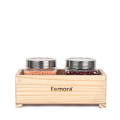 Femora Clear Glass Jar 500 ML, 2 pcs, with Wooden Tray