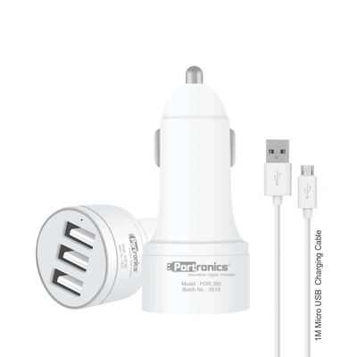 Portronics CarPower 3T 3.4A Car Charger with Three USB Port, 1M USB Cable