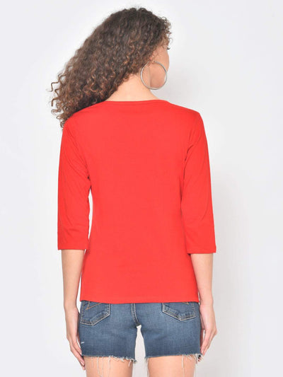 Hapuka Hapuka Women's Slim Fit  Three-Quarter Sleeves  Red Cotton Solid T Shirt Hapuka T Shirt Women