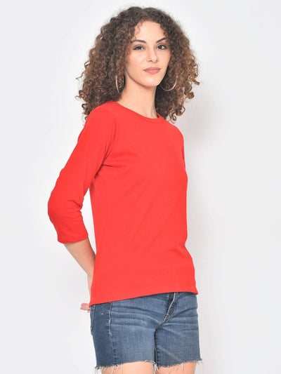 Hapuka Hapuka Women's Slim Fit  Three-Quarter Sleeves  Red Cotton Solid T Shirt Hapuka T Shirt Women