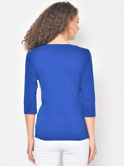 Hapuka Hapuka Women's Slim Fit  Three-Quarter Sleeves  Royal Blue Cotton Solid T Shirt Hapuka T Shirt Women
