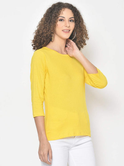 Hapuka Hapuka Women's Slim Fit  Three-Quarter Sleeves  Yellow Cotton Solid T Shirt Hapuka T Shirt Women