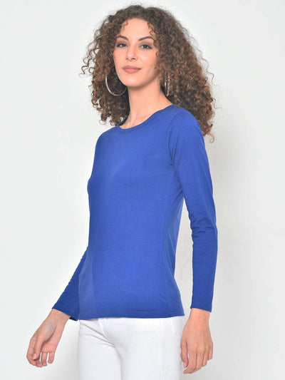 Hapuka Hapuka Women's Slim Fit  Full Sleeves  Royal Blue Cotton Solid T Shirt Hapuka T Shirt Women