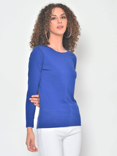 Hapuka Hapuka Women's Slim Fit  Full Sleeves  Royal Blue Cotton Solid T Shirt Hapuka T Shirt Women