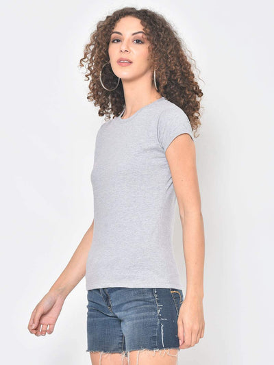Hapuka Hapuka Women's Slim Fit  Half Sleeves  Grey Melange Cotton Solid T Shirt Hapuka T Shirt Women