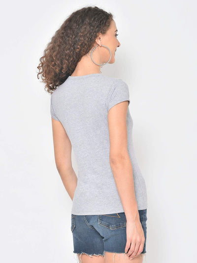 Hapuka Hapuka Women's Slim Fit  Half Sleeves  Grey Melange Cotton Solid T Shirt Hapuka T Shirt Women