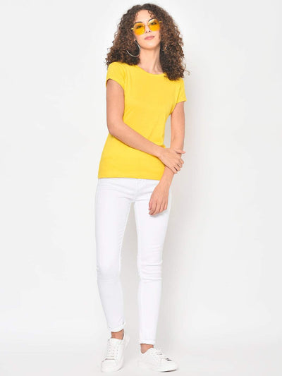 Hapuka Hapuka Women's Slim Fit  Half Sleeves  Yellow Cotton Solid T Shirt Hapuka T Shirt Women