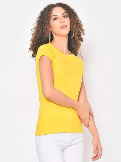 Hapuka Hapuka Women's Slim Fit  Half Sleeves  Yellow Cotton Solid T Shirt Hapuka T Shirt Women