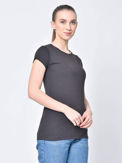 Hapuka Hapuka Women's Slim Fit  Half Sleeves  Black Cotton Elastane Solid T Shirt Hapuka T Shirt Women