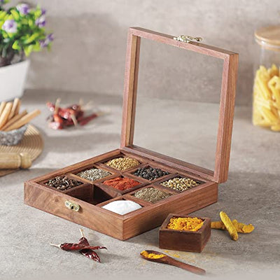 URBAN CHEF Urban Chef Sheesham Wood 9 Compartments Spice Box/ Masala Dabba with Wooden Spoon /Transperent Top for Kitchen / Antique Masala Box (Brown) Hapuka 
