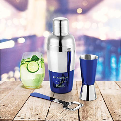 URBAN CHEF Urban Chef Bartender Blue Lacquered Kit Stainless Steel 3 Pcs Bar Accessories Set- Cocktail Shaker, Jigger, Opener Hapuka 