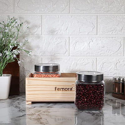 Femora Clear Glass Jar 500 ML, 2 pcs, with Wooden Tray