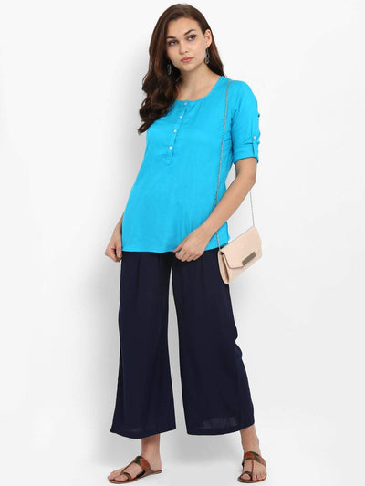 Hapuka Hapuka Women's Slim Fit three-quarter sleeve  Teal Blue Rayon Solid  Top Hapuka Top