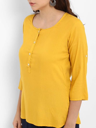 Hapuka Hapuka Women's Slim Fit three-quarter sleeve  Mustard Rayon Solid  Top Hapuka Top