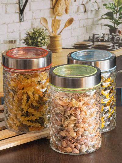 Goodhomes Glass Storage Embossed Jar (Set of 3pcs)