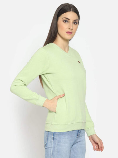 Hapuka Hapuka Women Light Green Fleece  V Neck Sweat Shirt Hapuka Sweaters & Sweatshirts