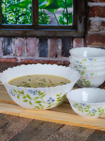 La Opala Lush Green Opalware Pudding Bowl Set (Set of 1pc Large Bowl & 6pcs Small Bowl)