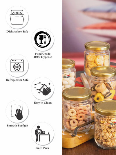 Goodhomes Glass Storage Jar with Gold Metal Lid (Set of 6pc)