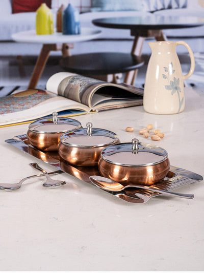 Metal Bowl with Tray & Spoon (7pcs Set of 3pcs Bowl with Lid, 3pcs Spoon and 1pc. Tray)