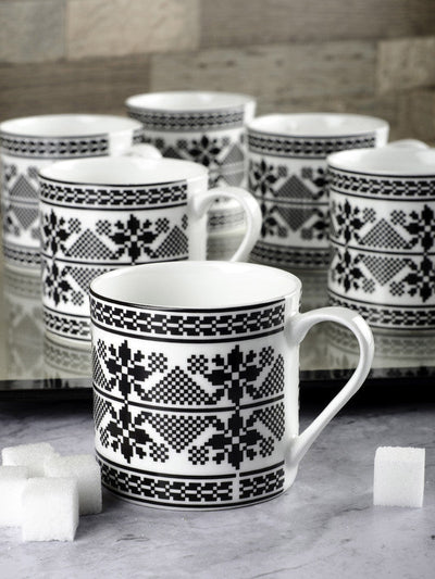 Bone China Tea Cups/Coffee Mugs with Monochromatic Tribal Design (Set of 6 mugs)