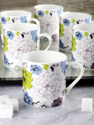 Bone China Tea Cups/Coffee Mugs with Colourful Floral Design (Set of 6 mugs)