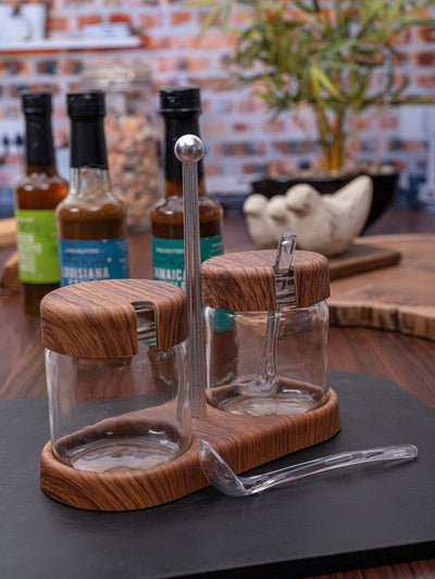 Wooden finish condiment set with Stand & Spoon SS-10198