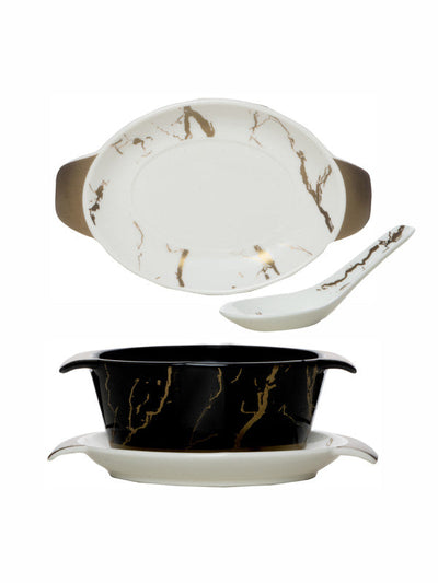 White Gold Porcelain Oval Bowl with Saucer & Spoon (Set of 6pcs Bowl, 6pcs Saucer & 6pcs Spoon)