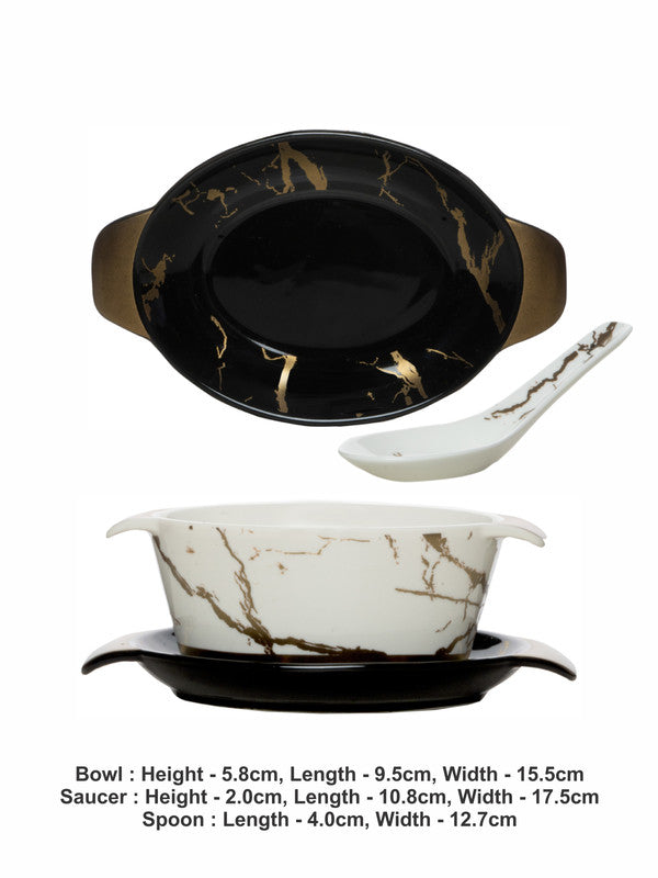 White Gold Porcelaine Oval Bowl with Saucer & Spoon (Set of 6pcs Bowl, 6pcs Saucer & 6pcs Spoon)
