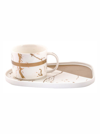 White Gold Porcelain Coffee/Tea cup Plate with Gold Print (Set of 2pcs)