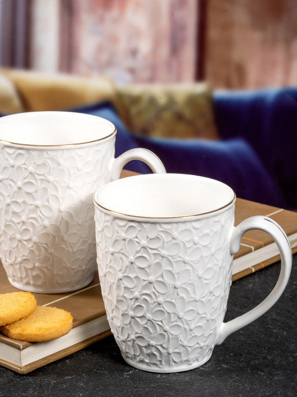 White Gold Porcelain Large Coffee Mug with Emboss Design & Gold Line (Set of 2pcs)