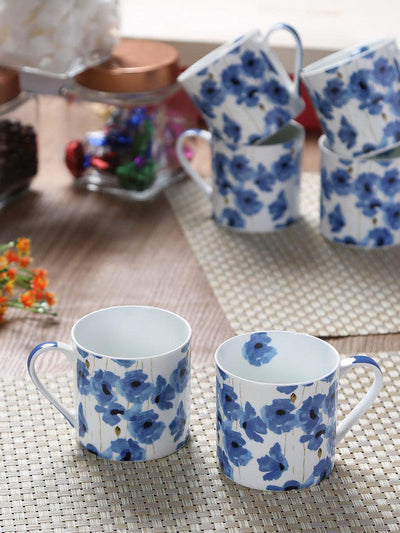 Bone China Coffee Mug Set with Blue Flower Design. ( Set of 6 Cup )