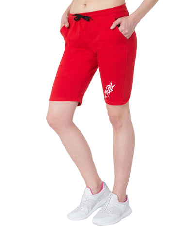 American-Elm Women's Red Cotton White Star Printed Running Short Capri