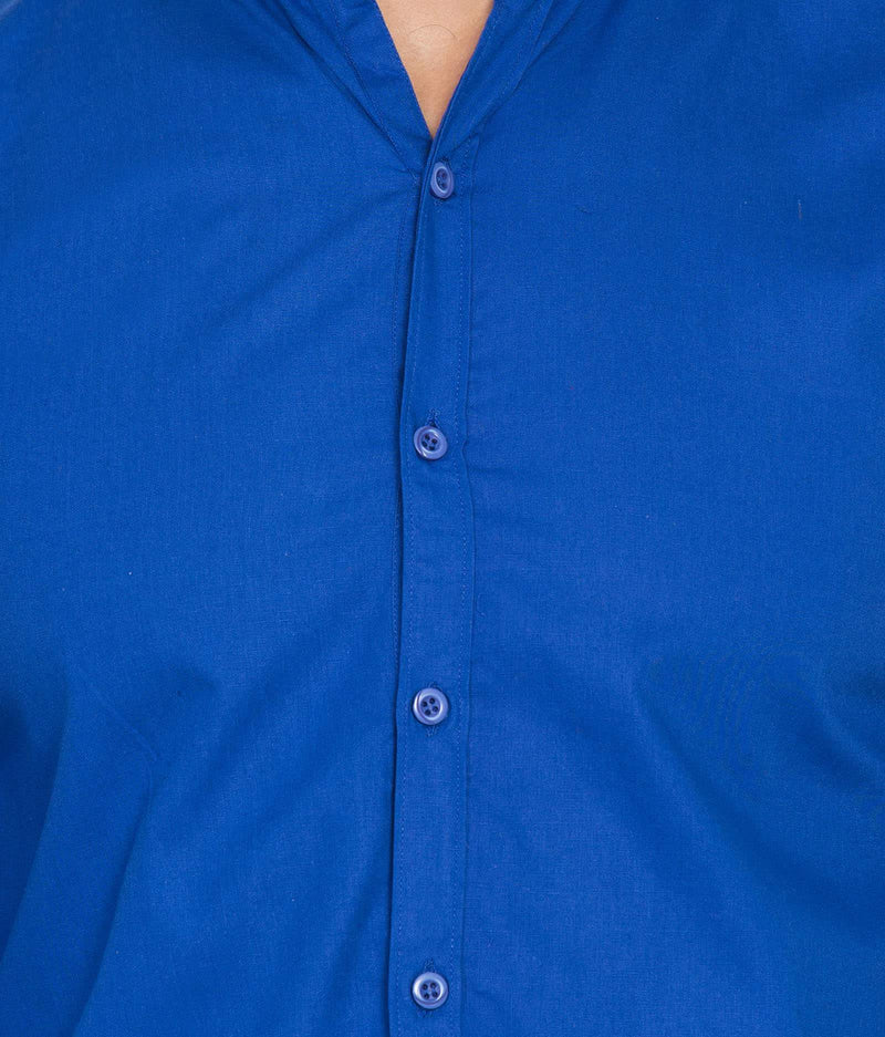American-Elm Royal Blue Solid Cotton Slim Fit Chinese Collar Shirt