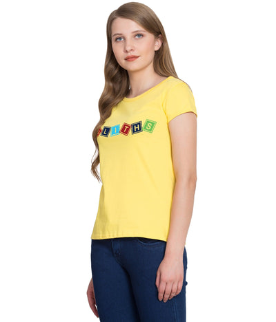 Cliths Cliths Women's Yellow Slim Fit Cotton Stylish Printed T-shirts For Daily Wear Hapuka T Shirt Women