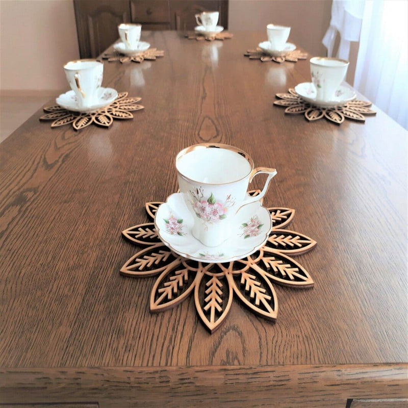 AmericanElm Set of 6 Wooden Flower Coaster For Dining Table, Kitchen decoration, Drink coasters