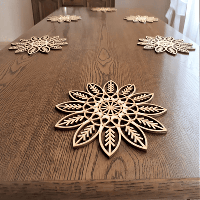 AmericanElm Set of 6 Wooden Flower Coaster For Dining Table, Kitchen decoration, Drink coasters