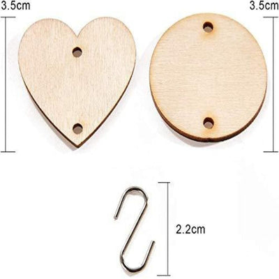 AmericanElm (Pack of 120) Christmas Wooden Ornaments Heart Tags with Holes and S Hook Connectors for Birthday Boards, Valentine, Chore Boards and Crafts