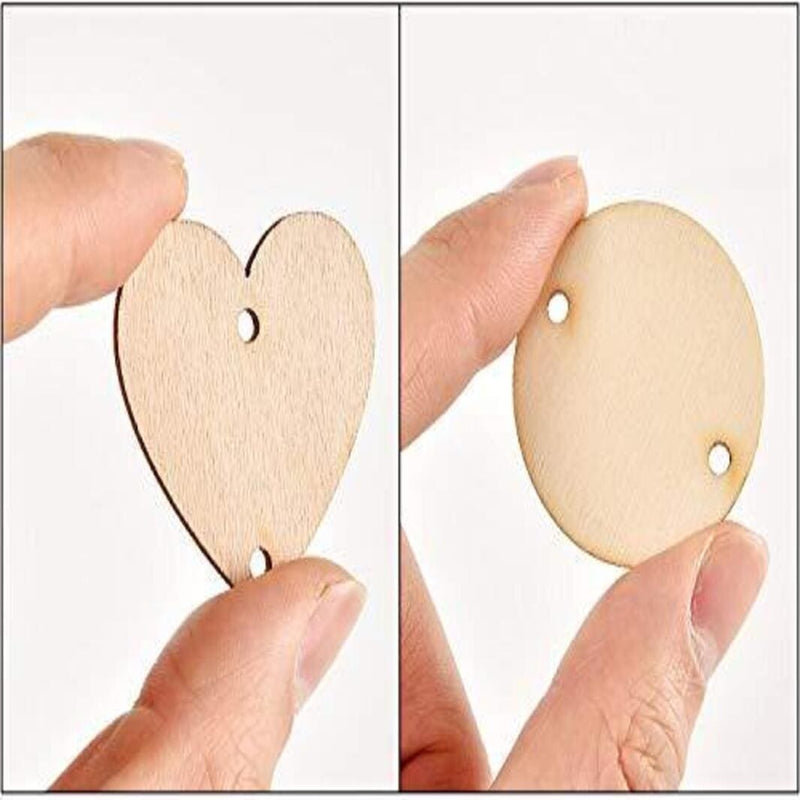AmericanElm (Pack of 120) Christmas Wooden Ornaments Heart Tags with Holes and S Hook Connectors for Birthday Boards, Valentine, Chore Boards and Crafts