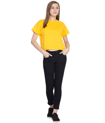Cliths Cliths Women's Yellow Cotton Solid Round Neck Crop Top Hapuka Top
