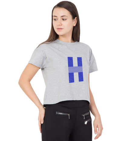 Haoser Haoser Women's Grey  Round Neck Blue Text Printed Cotton Slim Fit Crop Top Hapuka Top