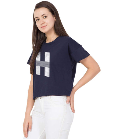 Haoser Haoser Women's Slim Fit Round Neck Navy Blue Cotton Text Print Crop Top Hapuka Top