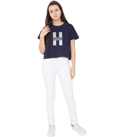 Haoser Haoser Women's Slim Fit Round Neck Navy Blue Cotton Text Print Crop Top Hapuka Top