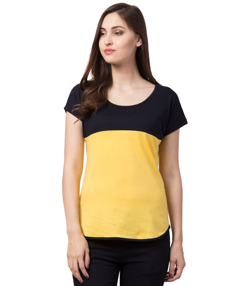 American-Elm American-Elm Black and Yellow Cotton Contrast Slim Fit T Shirt for women Hapuka T Shirt Women